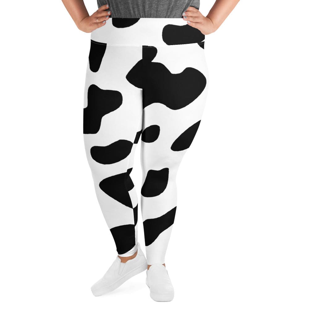 Womens Plus Size Fitness Leggings - Black White Cow Print