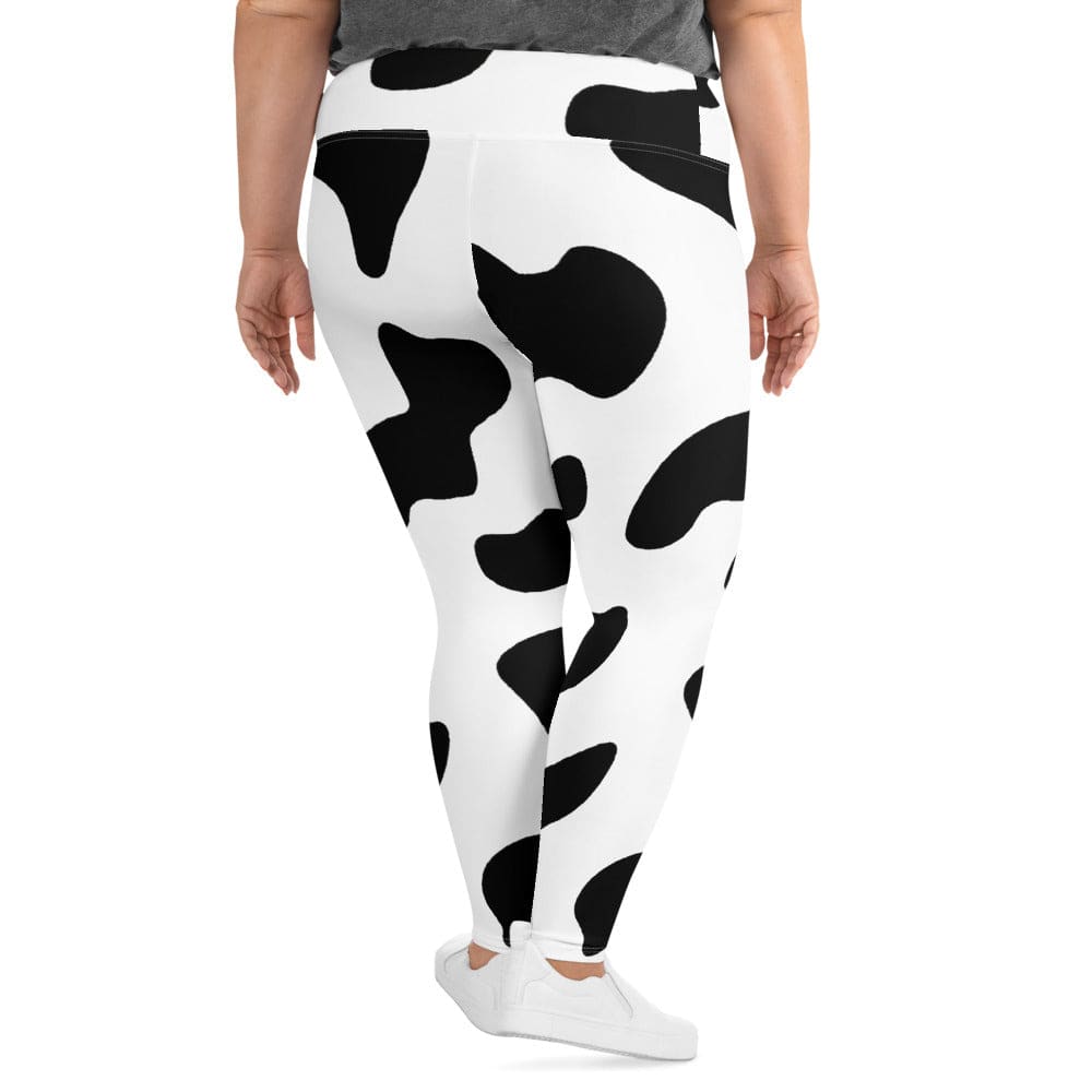 Womens Plus Size Fitness Leggings - Black White Cow Print