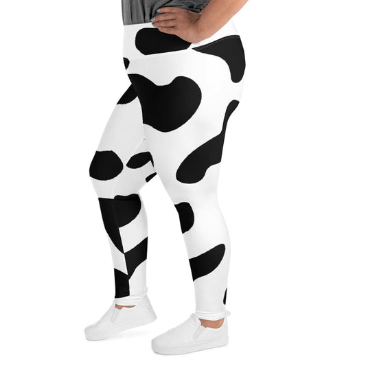 Womens Plus Size Fitness Leggings - Black White Cow Print