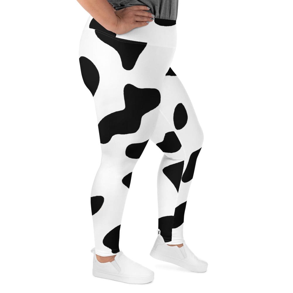 Womens Plus Size Fitness Leggings - Black White Cow Print